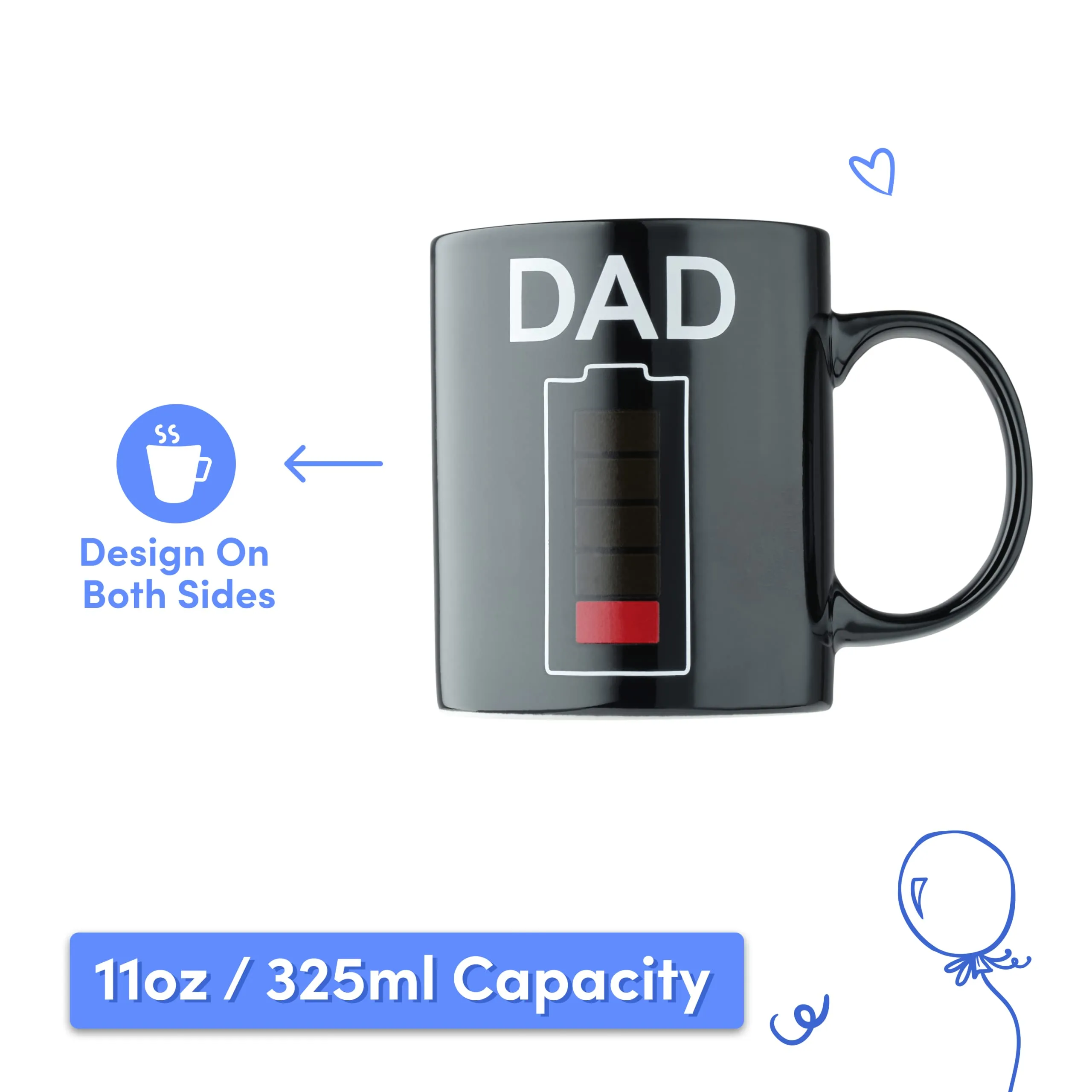 Color Changing Heat Sensitive Coffee Mug - Heat Changing Thermal Activated, Battery Meter