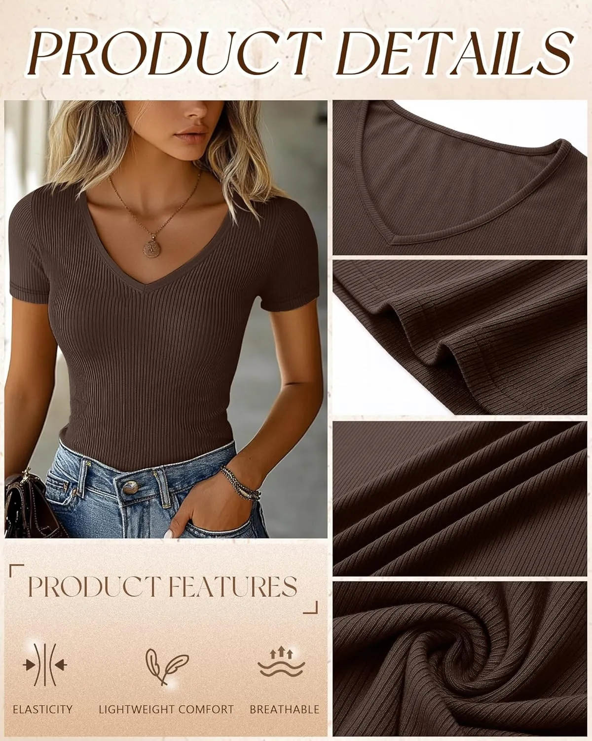 Ficerd 3 Pack Women's Short Sleeve Cotton T-Shirts V Neck Ribbed Slim Fit Tops Ladies' Casual Summer Basic Tee