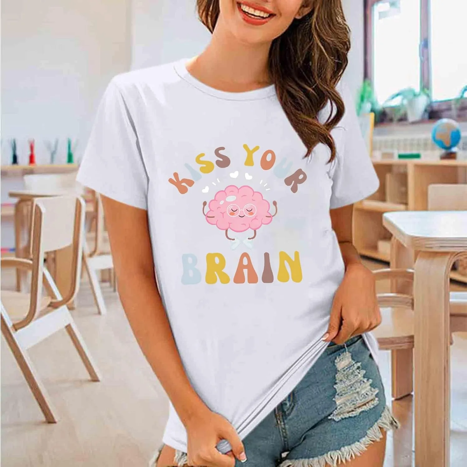 Funny Teacher Shirts for Women Kiss Your Brain Teacher T Shirt Special Education Teacher Life Tops Cute Graphic Tee