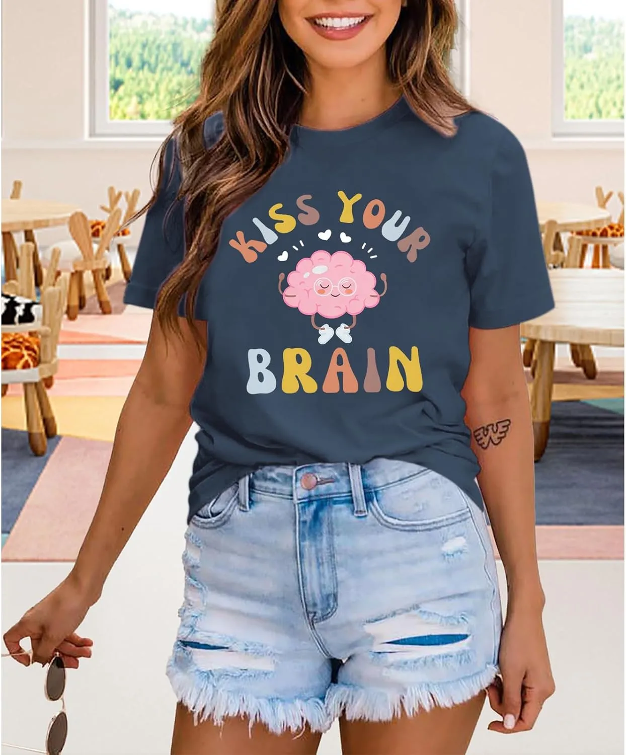 Funny Teacher Shirts for Women Kiss Your Brain Teacher T Shirt Special Education Teacher Life Tops Cute Graphic Tee
