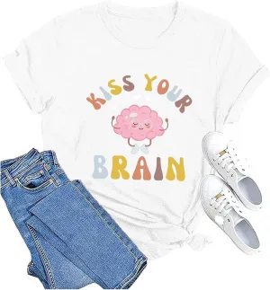 Funny Teacher Shirts for Women Kiss Your Brain Teacher T Shirt Special Education Teacher Life Tops Cute Graphic Tee