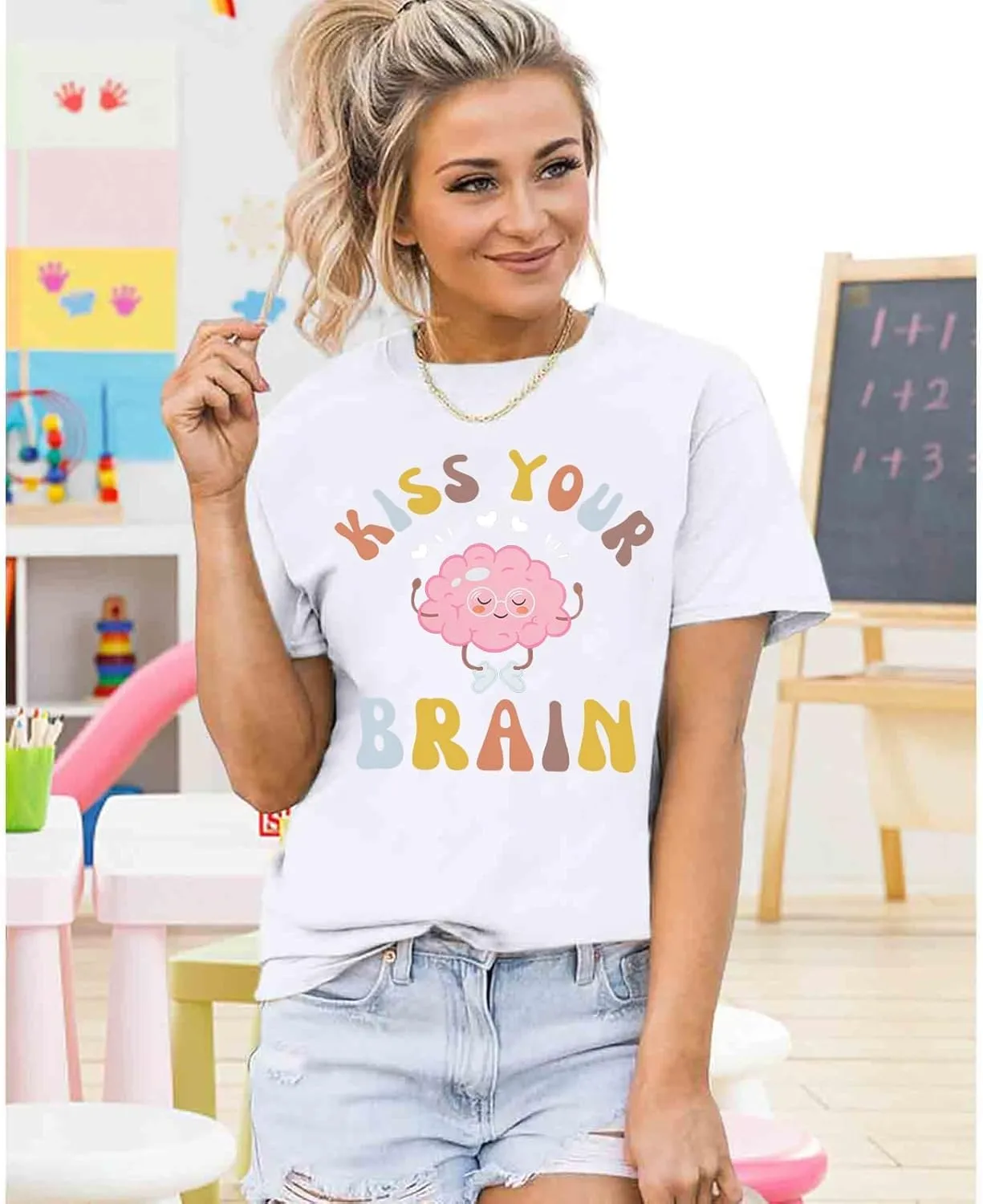 Funny Teacher Shirts for Women Kiss Your Brain Teacher T Shirt Special Education Teacher Life Tops Cute Graphic Tee
