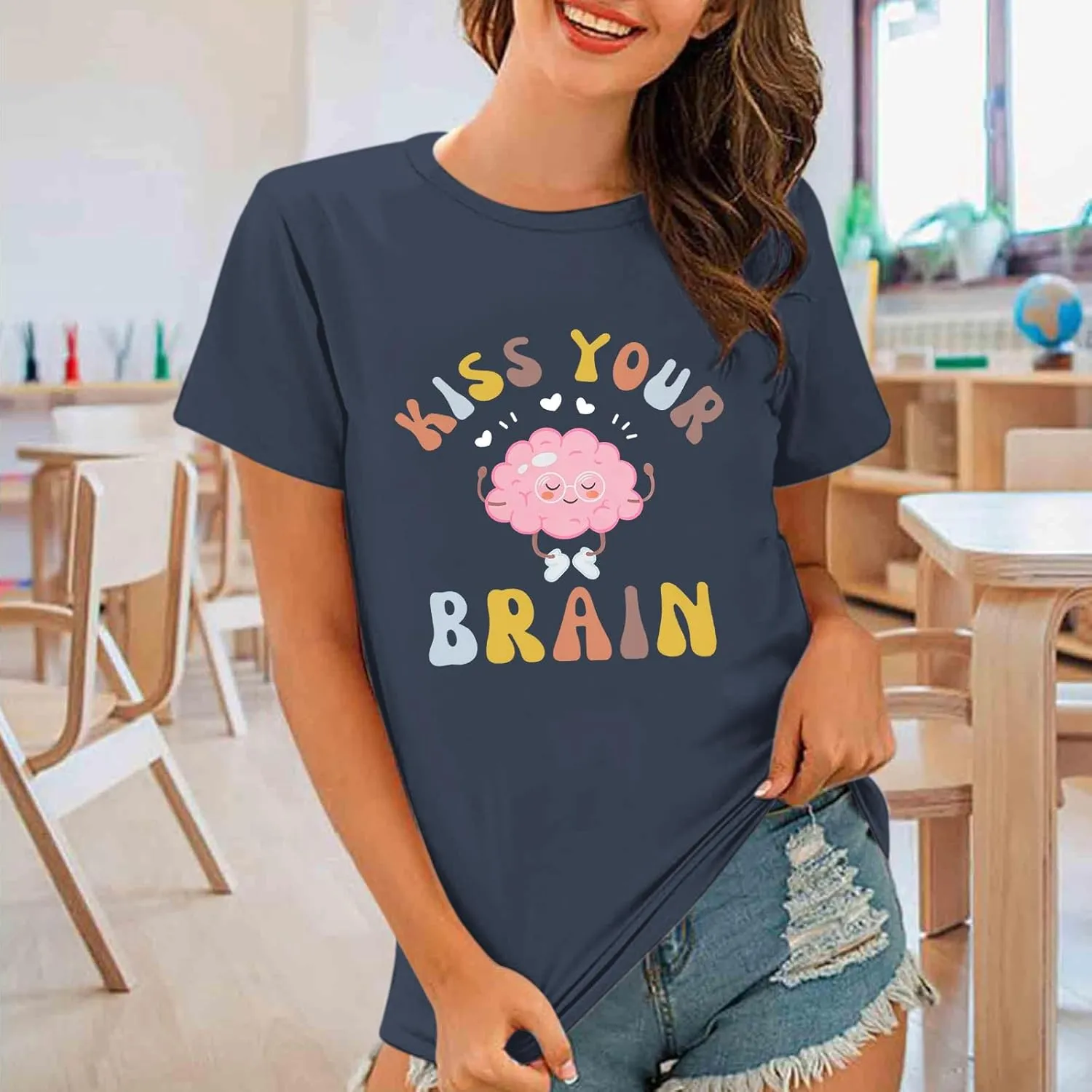 Funny Teacher Shirts for Women Kiss Your Brain Teacher T Shirt Special Education Teacher Life Tops Cute Graphic Tee