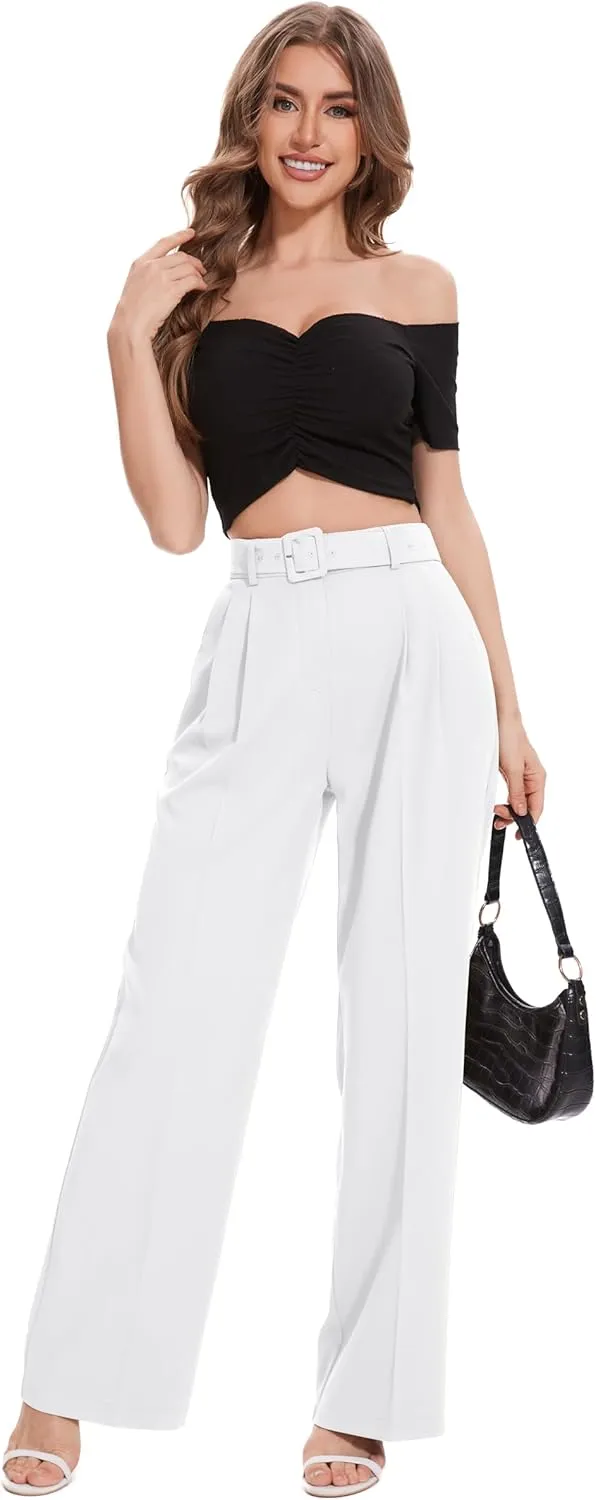 FUNYYZO Women's High Waist Wide Leg Pants Business Work Office Casual Long Pants Belted Trousers