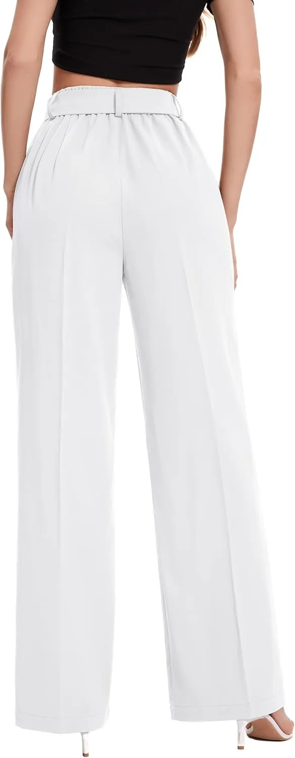 FUNYYZO Women's High Waist Wide Leg Pants Business Work Office Casual Long Pants Belted Trousers