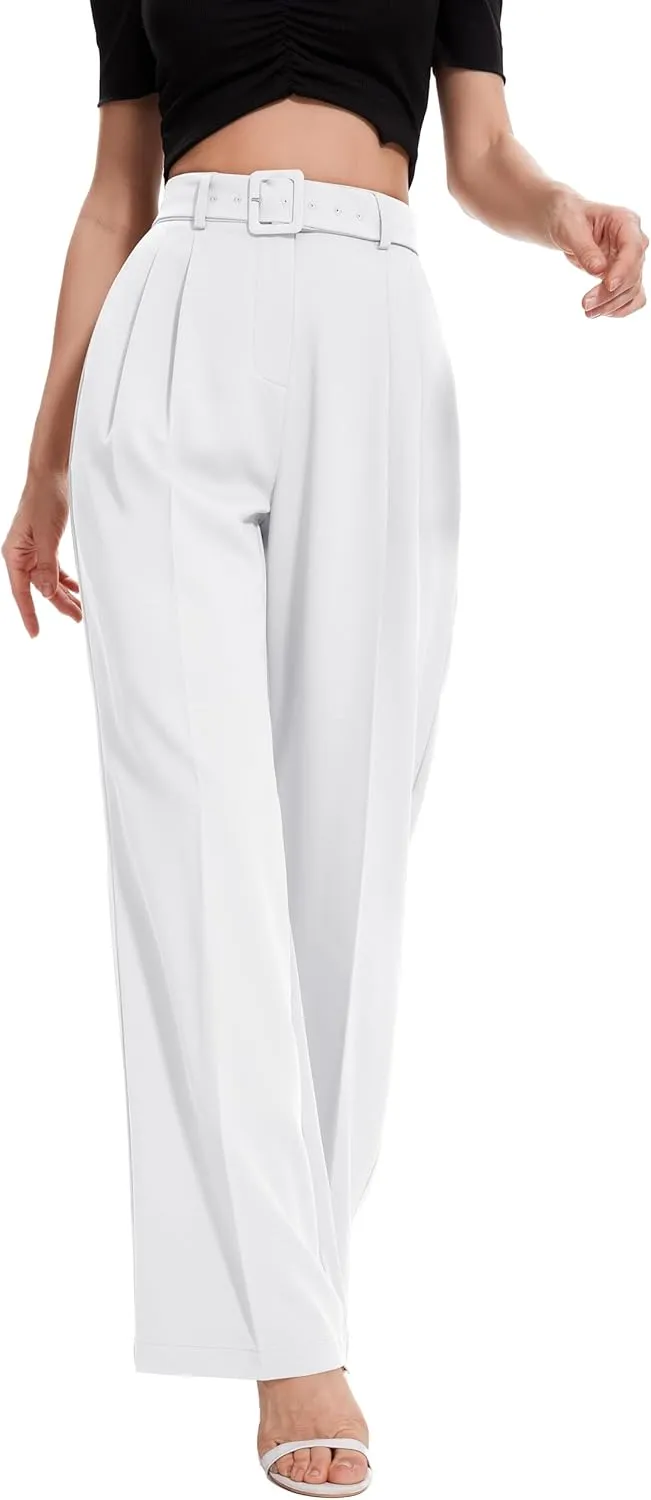 FUNYYZO Women's High Waist Wide Leg Pants Business Work Office Casual Long Pants Belted Trousers