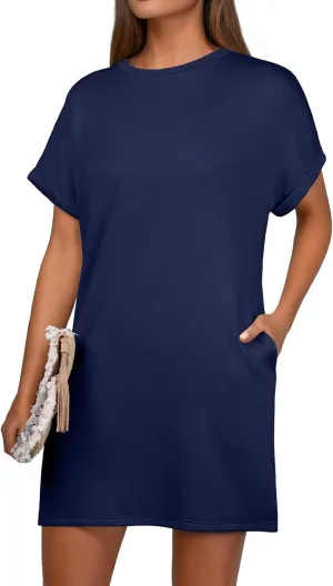 GRECERELLE Women's Summer Short Sleeve Tee Shirt Dress Crew Neck Casual Mini Sundress with Pockets