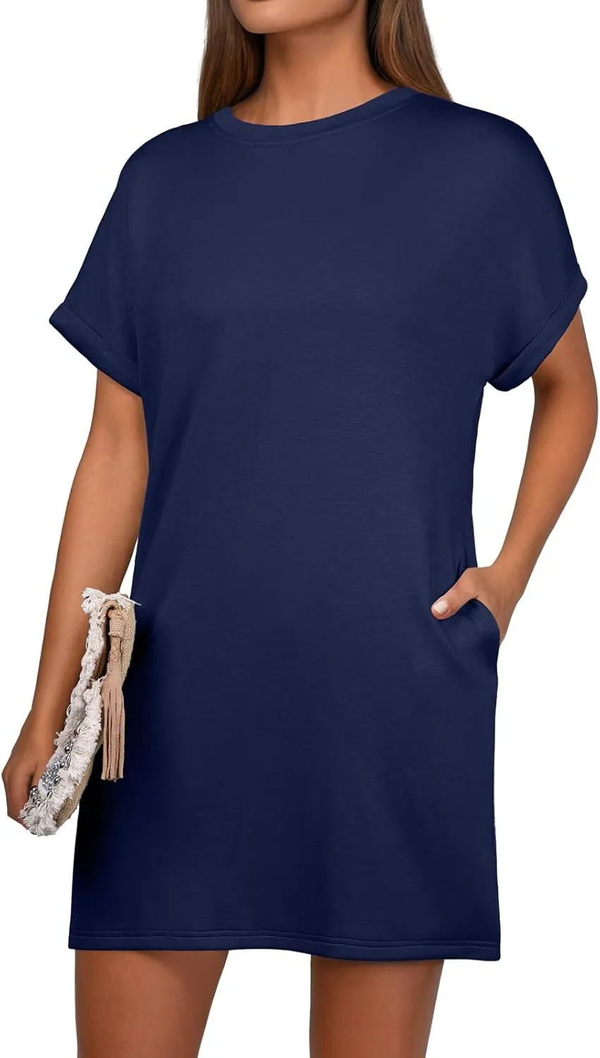 GRECERELLE Women's Summer Short Sleeve Tee Shirt Dress Crew Neck Casual Mini Sundress with Pockets