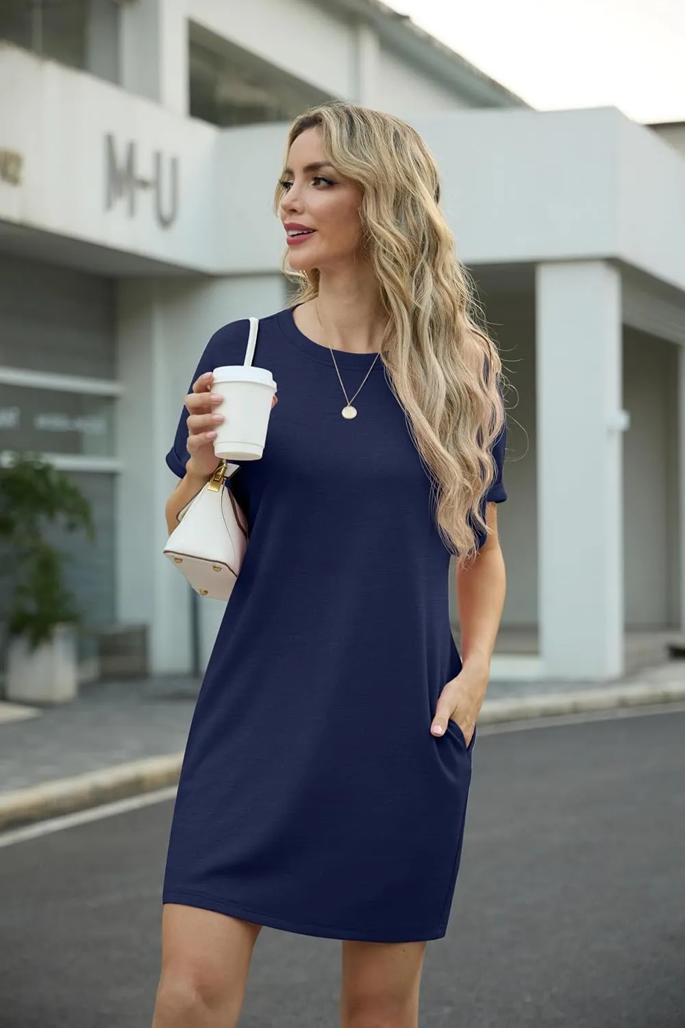 GRECERELLE Women's Summer Short Sleeve Tee Shirt Dress Crew Neck Casual Mini Sundress with Pockets