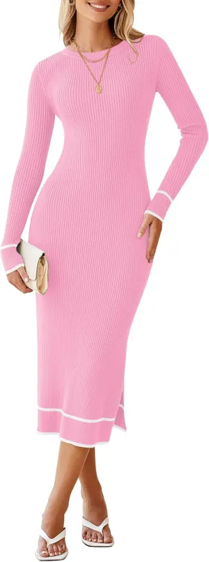 HAEOF Womens 2024 Long Sleeve Bodycon Sweater Dress Ribbed Knit Crewneck Trendy Side Slit Fall Winter Midi Dresses