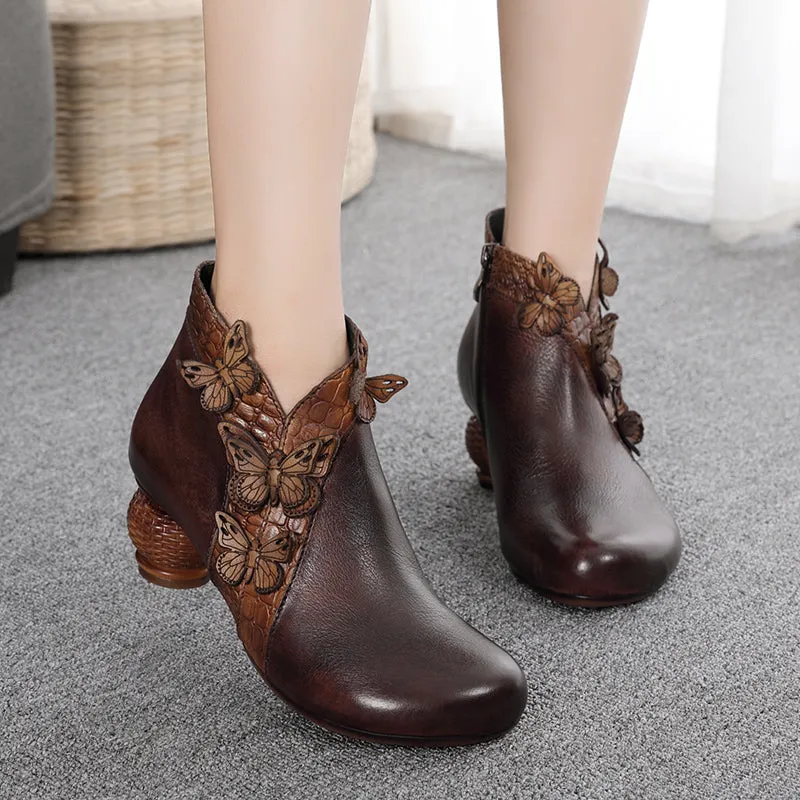Handmade Women's Genuine Leather Mid Heel Short Ankle Boots With Side Zip in Coffee