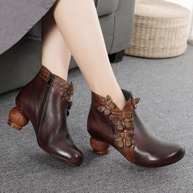 Handmade Women's Genuine Leather Mid Heel Short Ankle Boots With Side Zip in Coffee