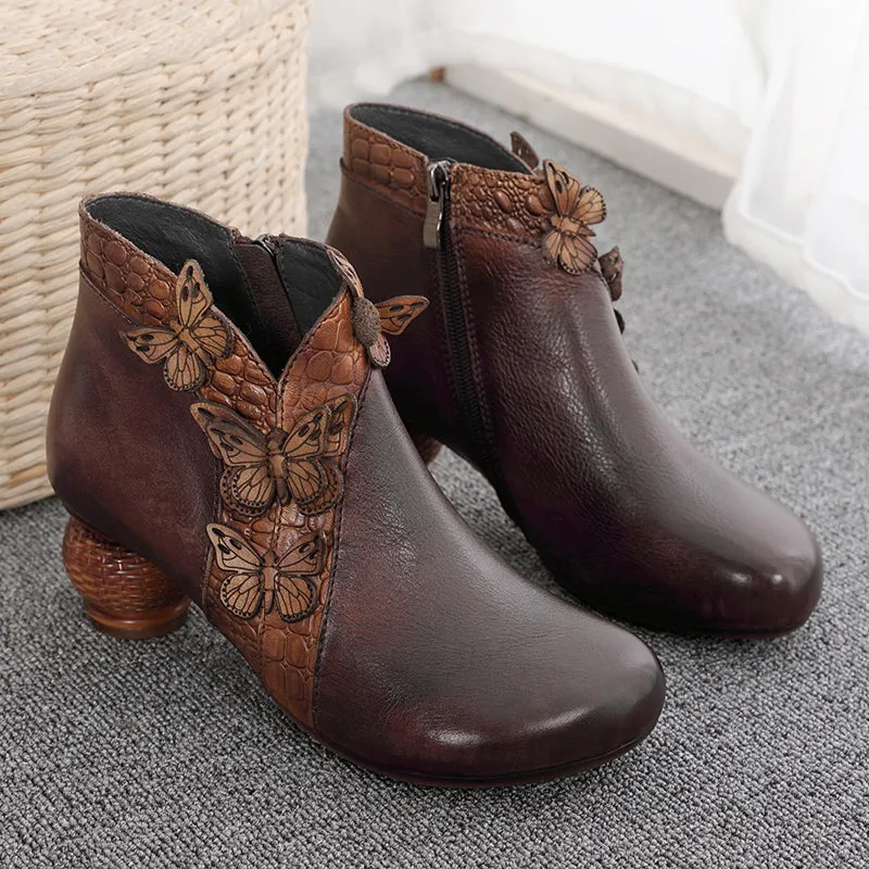 Handmade Women's Genuine Leather Mid Heel Short Ankle Boots With Side Zip in Coffee