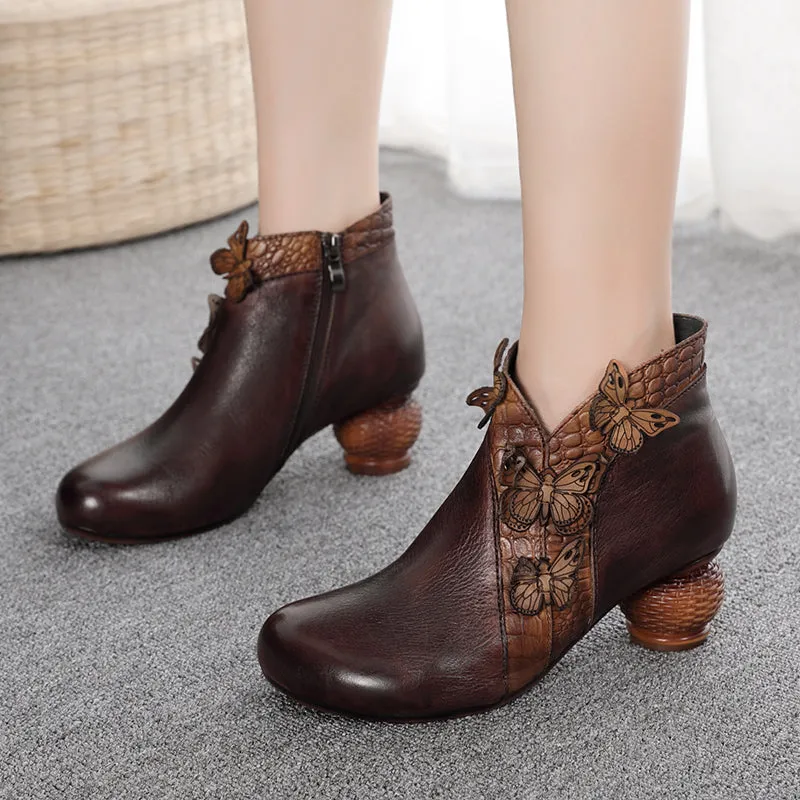 Handmade Women's Genuine Leather Mid Heel Short Ankle Boots With Side Zip in Coffee