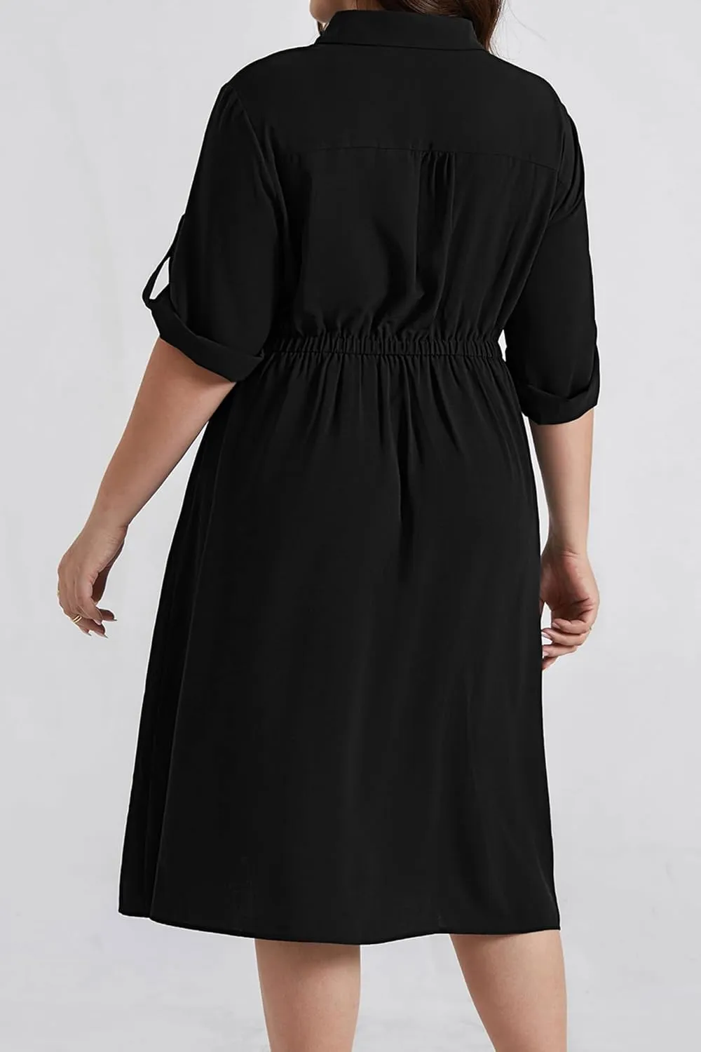 Hanna Nikole Plus Size Women Casual Midi Dress with Pockets Lapel V Neck Shirt Dress A Line Short Sleeve Dresses Tunic Dress