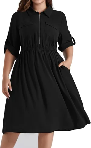 Hanna Nikole Plus Size Women Casual Midi Dress with Pockets Lapel V Neck Shirt Dress A Line Short Sleeve Dresses Tunic Dress