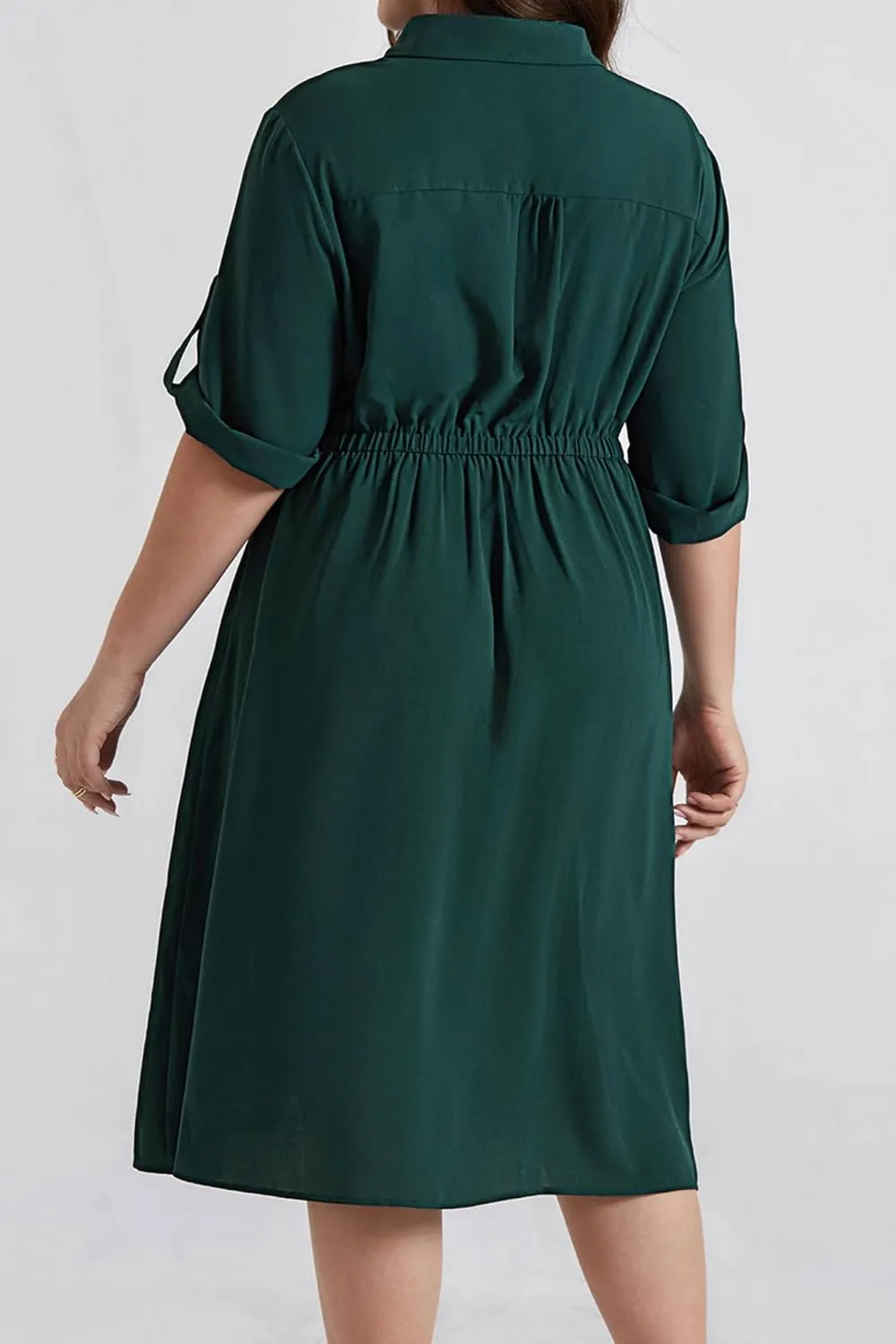 Hanna Nikole Plus Size Women Casual Midi Dress with Pockets Lapel V Neck Shirt Dress A Line Short Sleeve Dresses Tunic Dress