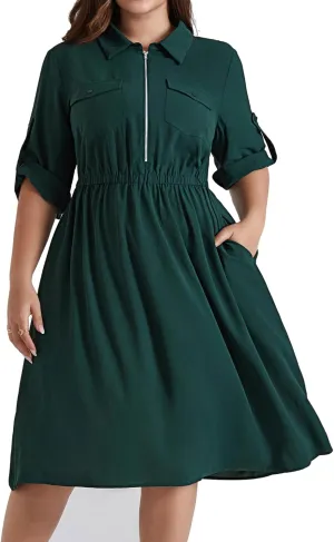 Hanna Nikole Plus Size Women Casual Midi Dress with Pockets Lapel V Neck Shirt Dress A Line Short Sleeve Dresses Tunic Dress