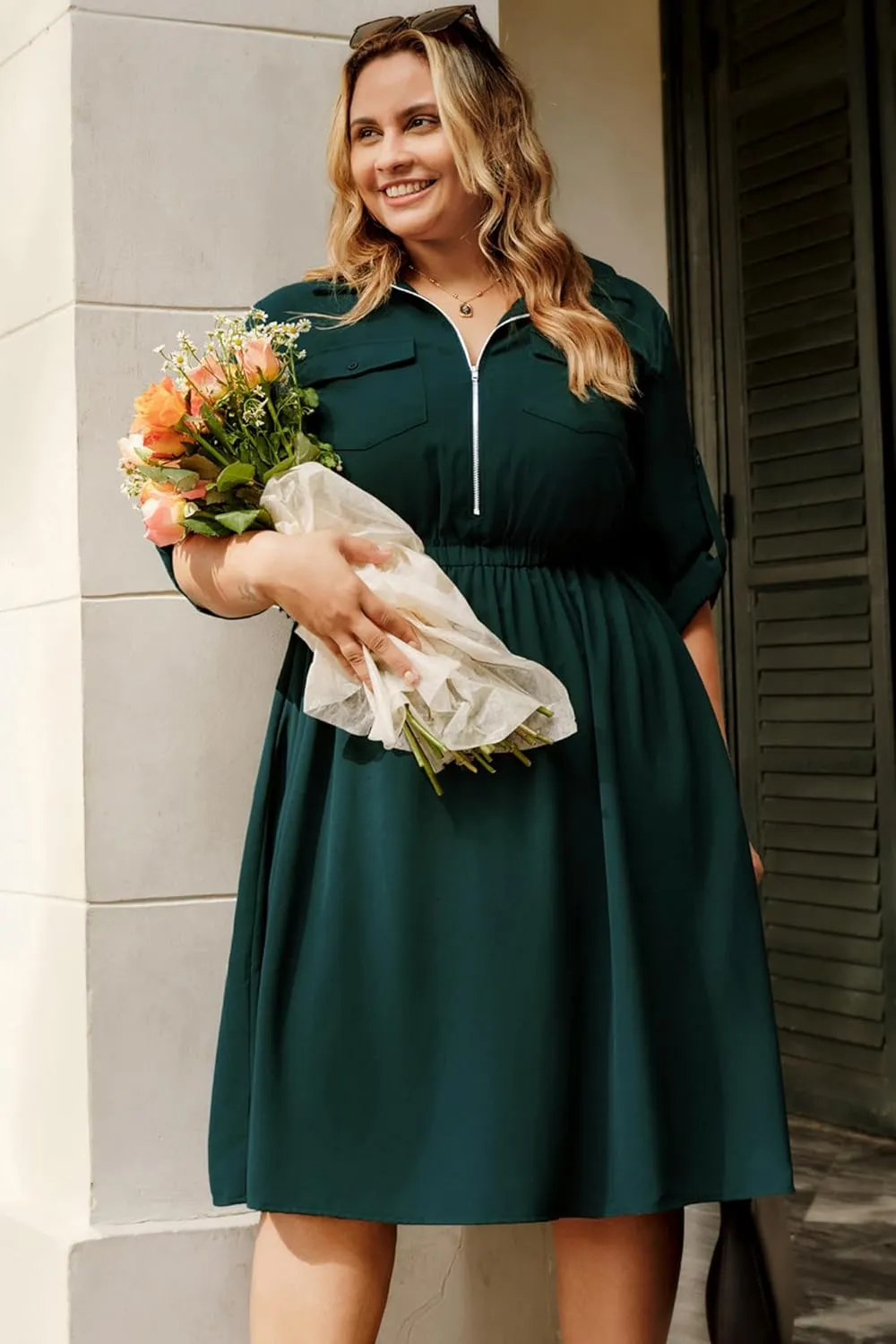 Hanna Nikole Plus Size Women Casual Midi Dress with Pockets Lapel V Neck Shirt Dress A Line Short Sleeve Dresses Tunic Dress