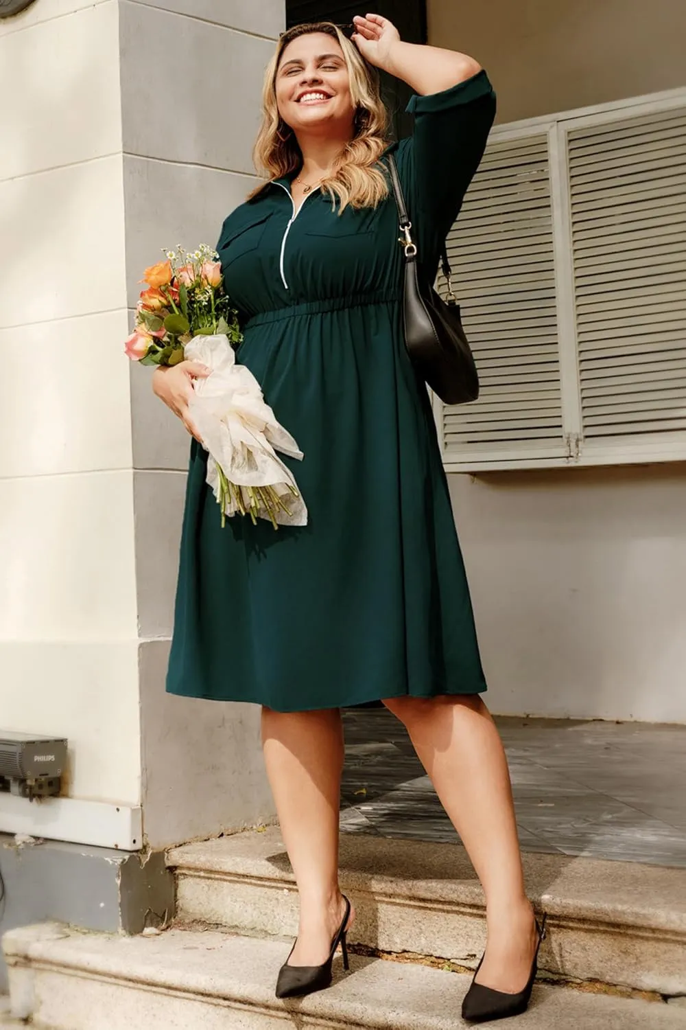 Hanna Nikole Plus Size Women Casual Midi Dress with Pockets Lapel V Neck Shirt Dress A Line Short Sleeve Dresses Tunic Dress