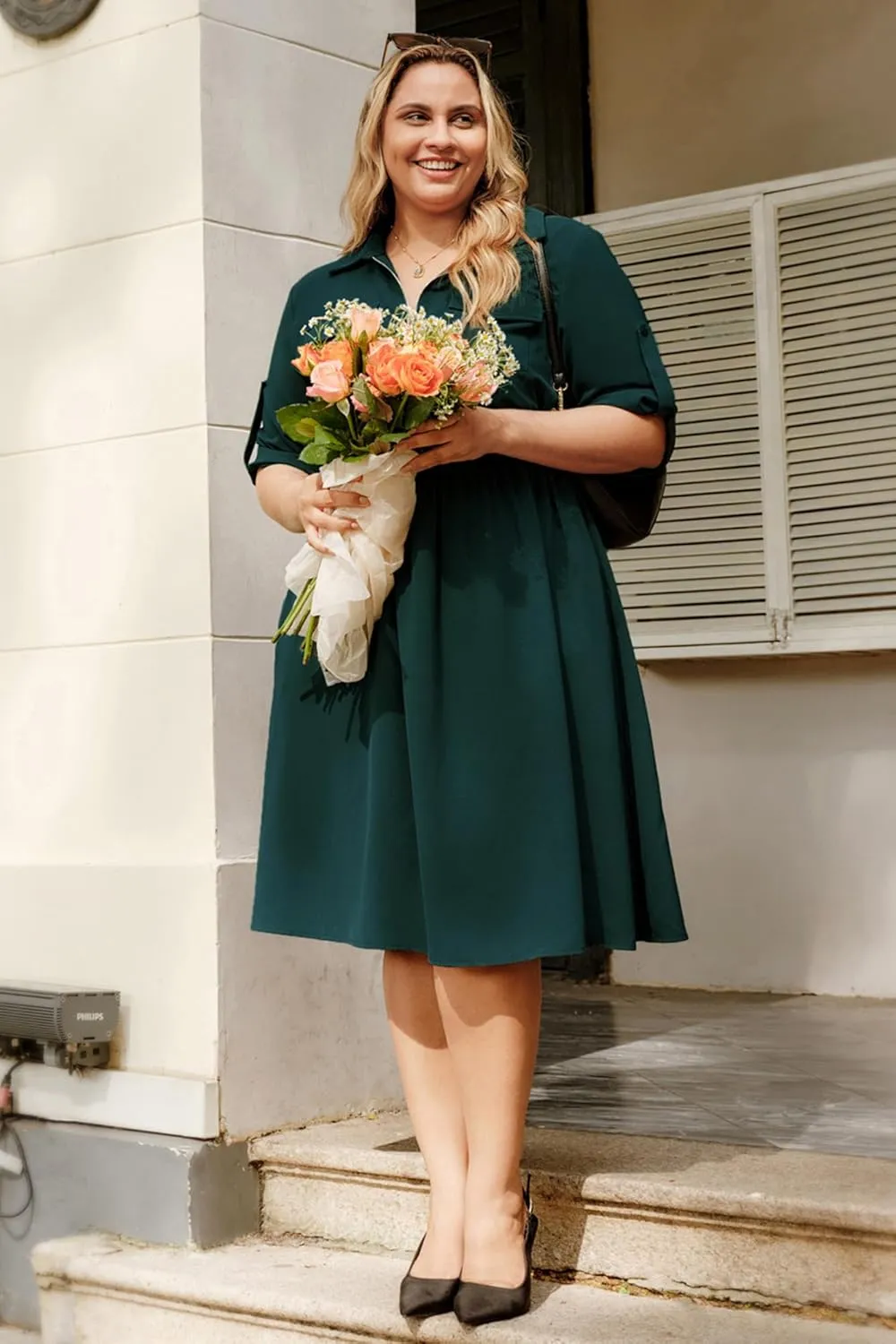 Hanna Nikole Plus Size Women Casual Midi Dress with Pockets Lapel V Neck Shirt Dress A Line Short Sleeve Dresses Tunic Dress