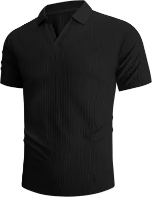 Hodaweislop Men's Knit Polo Shirts Short Sleeve V Neck Golf Shirt Casual Textured Summer Shirts