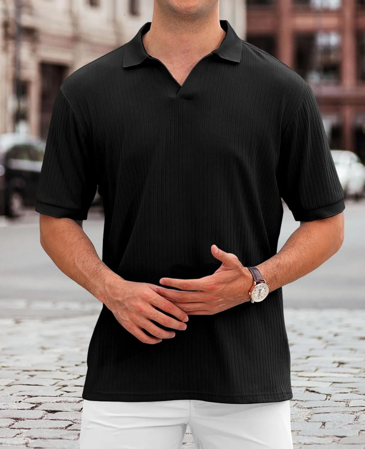 Hodaweislop Men's Knit Polo Shirts Short Sleeve V Neck Golf Shirt Casual Textured Summer Shirts