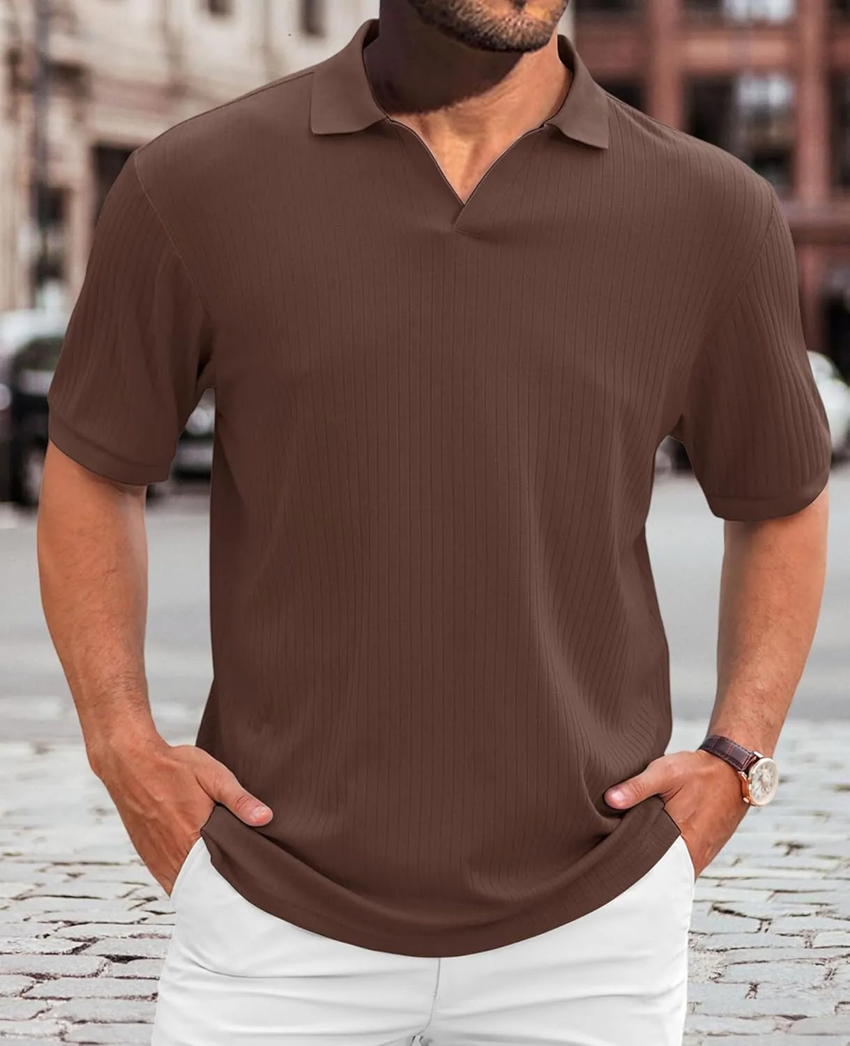 Hodaweislop Men's Knit Polo Shirts Short Sleeve V Neck Golf Shirt Casual Textured Summer Shirts