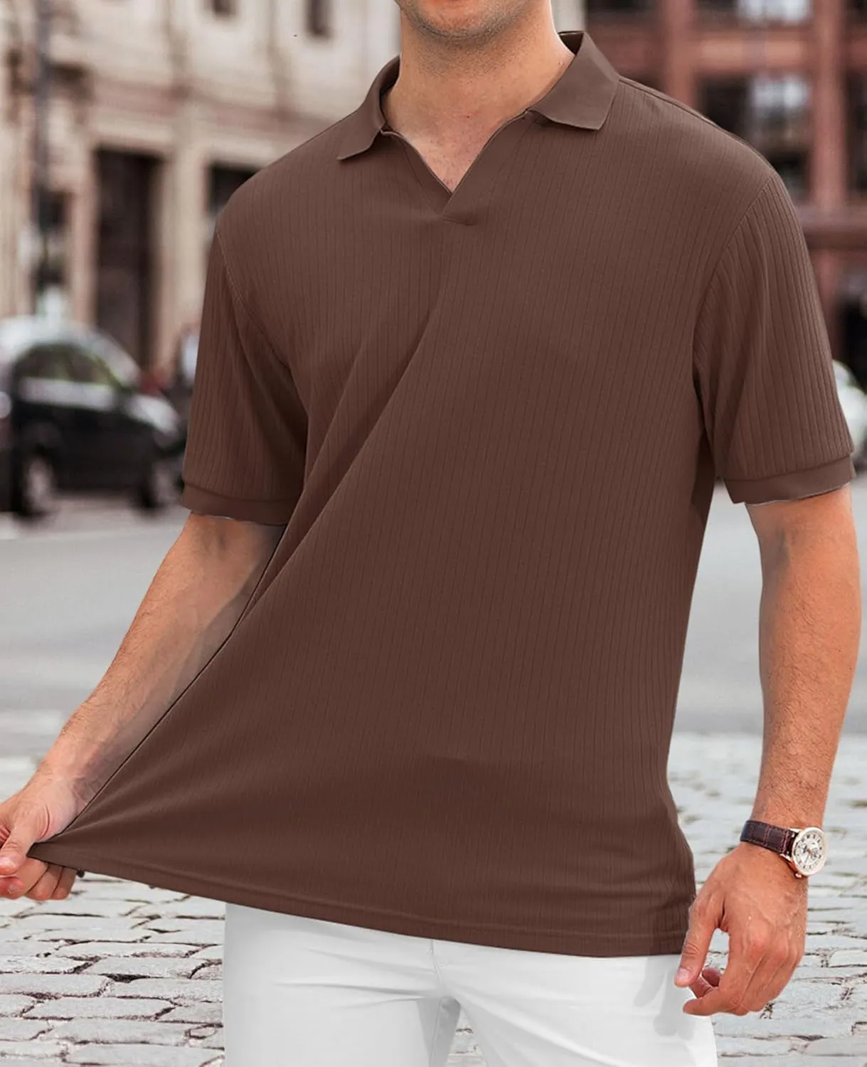 Hodaweislop Men's Knit Polo Shirts Short Sleeve V Neck Golf Shirt Casual Textured Summer Shirts