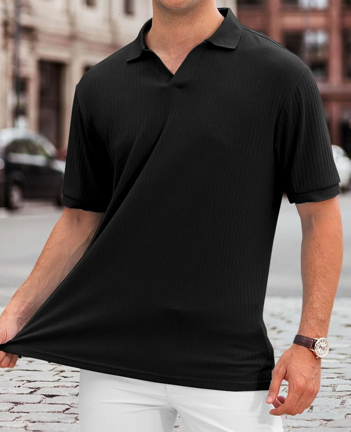Hodaweislop Men's Knit Polo Shirts Short Sleeve V Neck Golf Shirt Casual Textured Summer Shirts