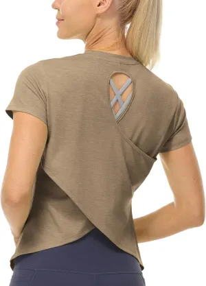 icyzone Short Sleeve Workout Tops for Women, Open Back Athletic Gym T Shirts, High Neck Running Yoga Tees