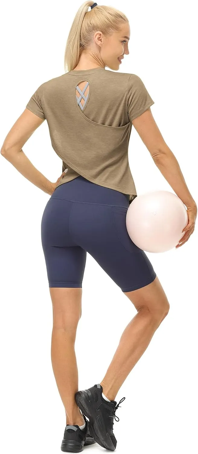 icyzone Short Sleeve Workout Tops for Women, Open Back Athletic Gym T Shirts, High Neck Running Yoga Tees