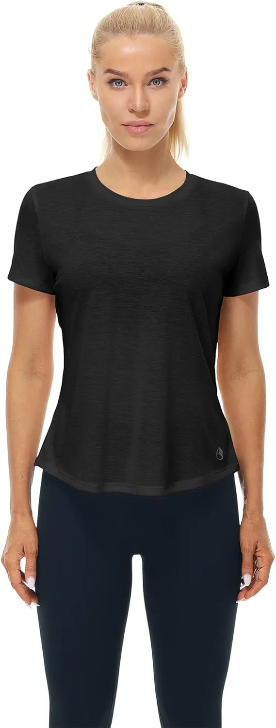 icyzone Short Sleeve Workout Tops for Women, Open Back Athletic Gym T Shirts, High Neck Running Yoga Tees