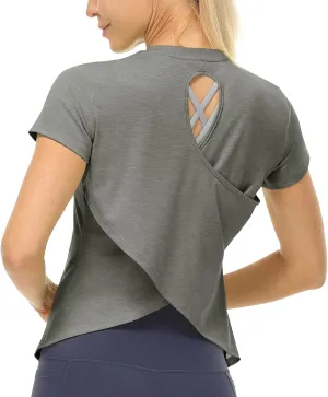 icyzone Short Sleeve Workout Tops for Women, Open Back Athletic Gym T Shirts, High Neck Running Yoga Tees