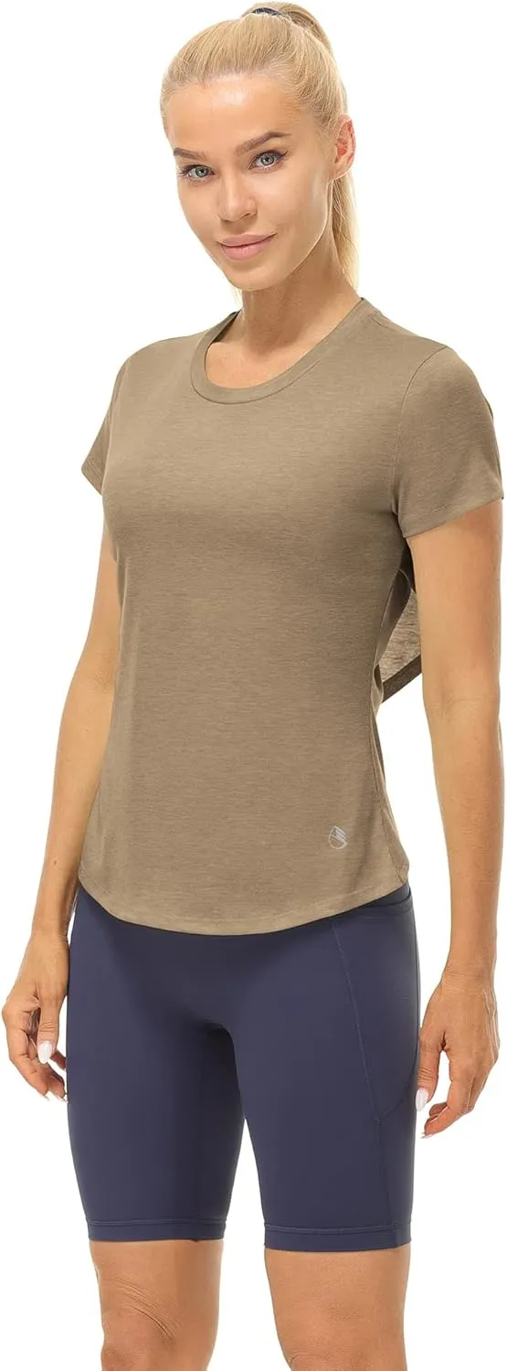 icyzone Short Sleeve Workout Tops for Women, Open Back Athletic Gym T Shirts, High Neck Running Yoga Tees
