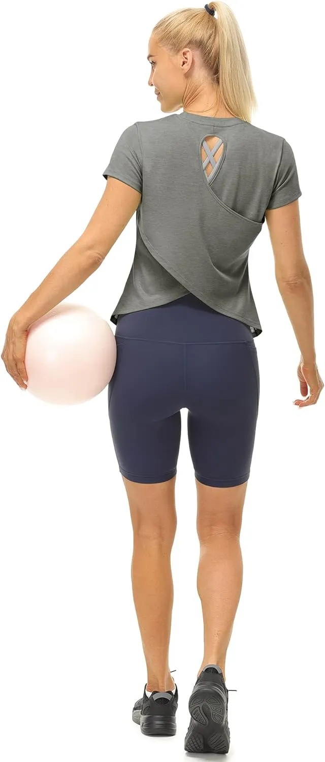 icyzone Short Sleeve Workout Tops for Women, Open Back Athletic Gym T Shirts, High Neck Running Yoga Tees