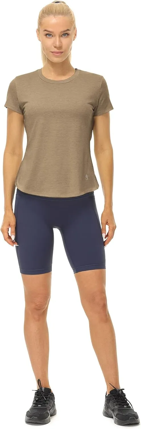 icyzone Short Sleeve Workout Tops for Women, Open Back Athletic Gym T Shirts, High Neck Running Yoga Tees