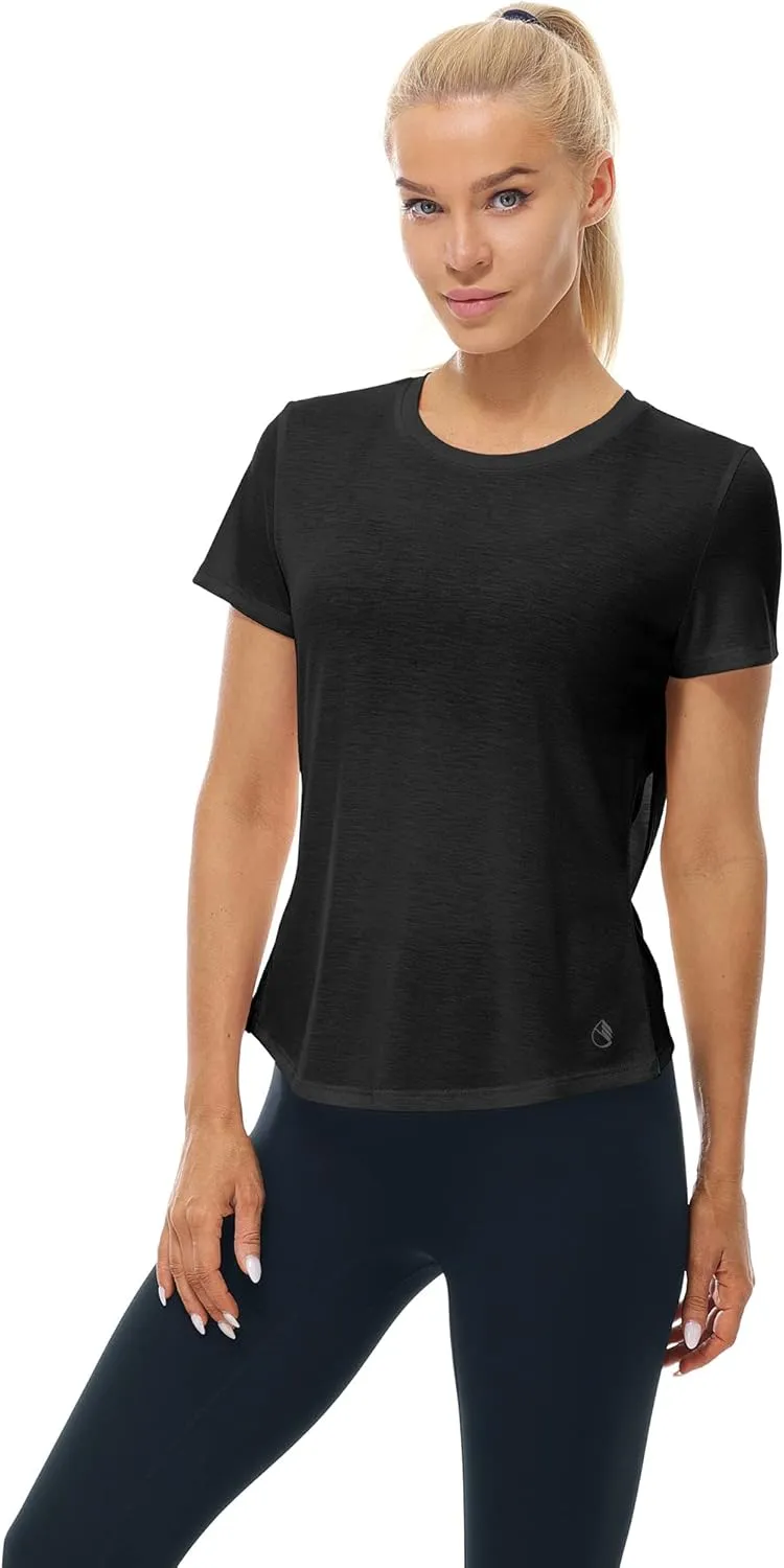 icyzone Short Sleeve Workout Tops for Women, Open Back Athletic Gym T Shirts, High Neck Running Yoga Tees