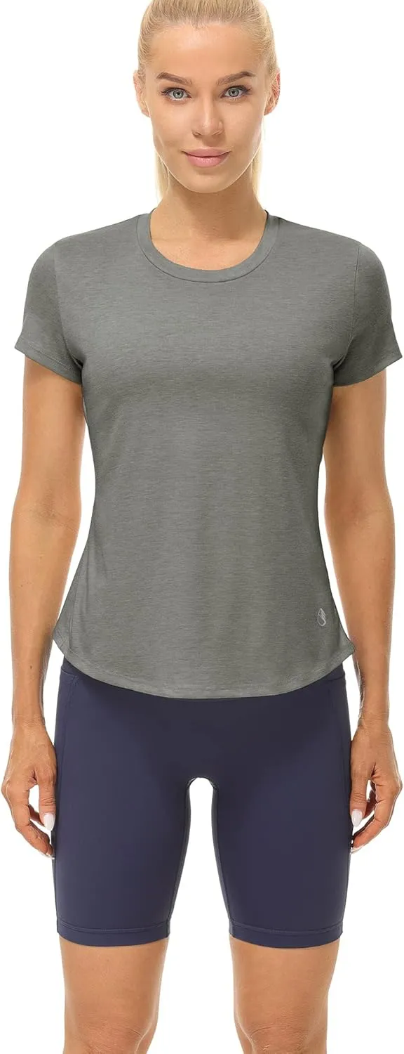 icyzone Short Sleeve Workout Tops for Women, Open Back Athletic Gym T Shirts, High Neck Running Yoga Tees
