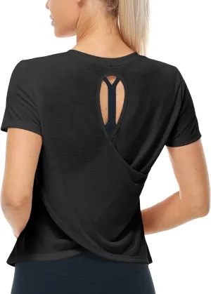 icyzone Short Sleeve Workout Tops for Women, Open Back Athletic Gym T Shirts, High Neck Running Yoga Tees