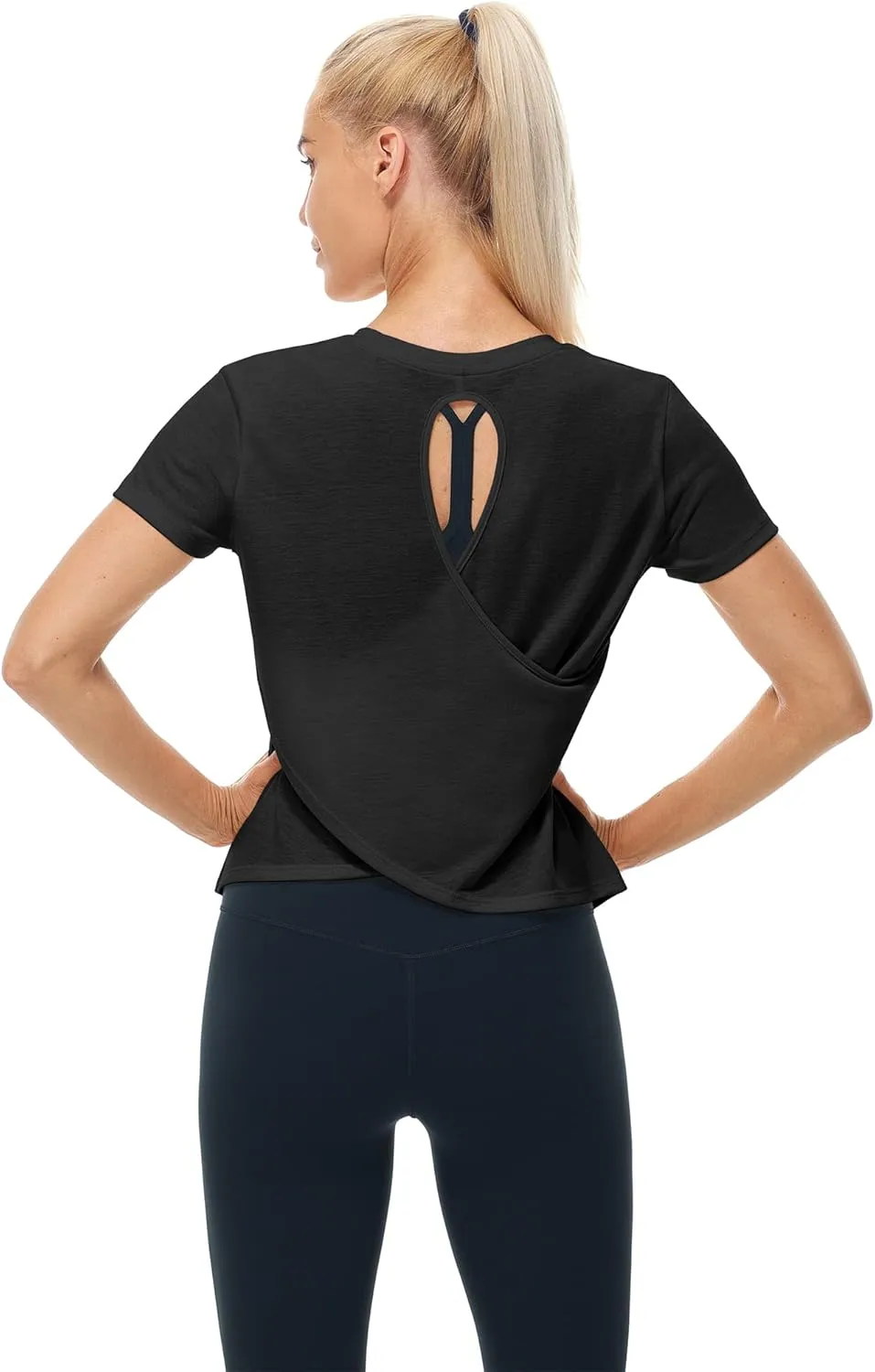 icyzone Short Sleeve Workout Tops for Women, Open Back Athletic Gym T Shirts, High Neck Running Yoga Tees