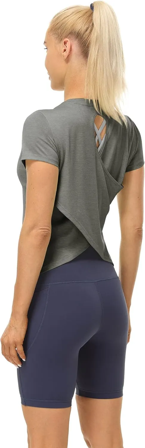 icyzone Short Sleeve Workout Tops for Women, Open Back Athletic Gym T Shirts, High Neck Running Yoga Tees