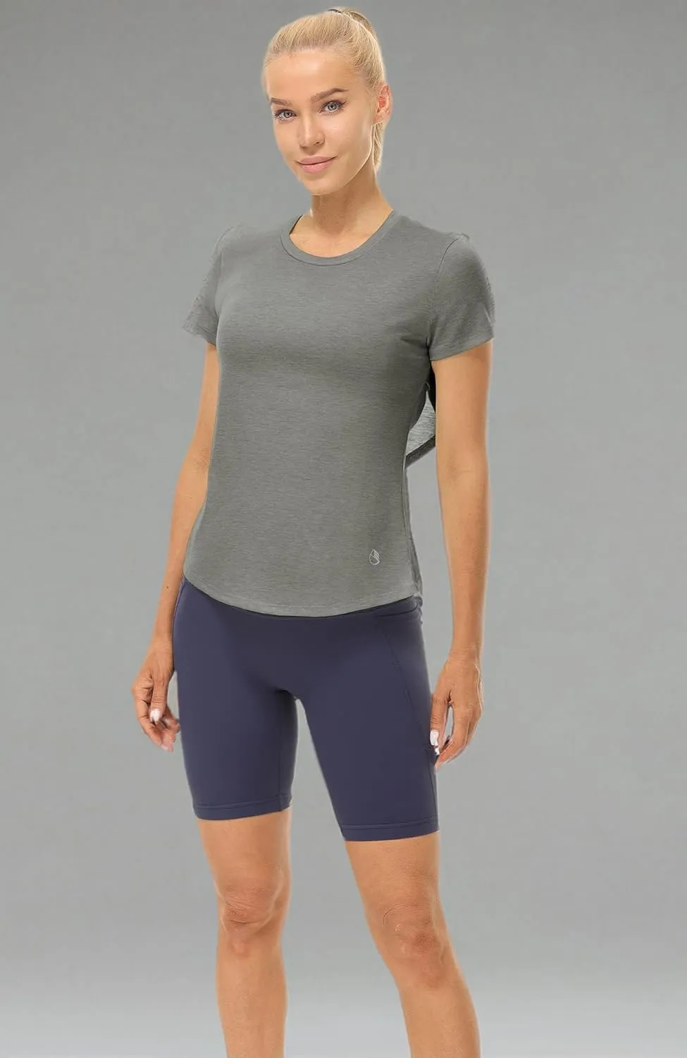 icyzone Short Sleeve Workout Tops for Women, Open Back Athletic Gym T Shirts, High Neck Running Yoga Tees
