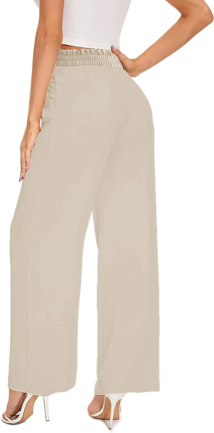 LaiyiVic Women's Wide Leg Dress Pants High Waisted Adjustable Tie Knot Loose Comfy Business Casual Work Trousers with Pockets