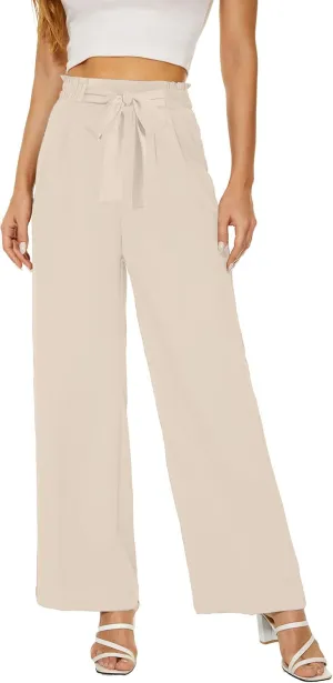 LaiyiVic Women's Wide Leg Dress Pants High Waisted Adjustable Tie Knot Loose Comfy Business Casual Work Trousers with Pockets