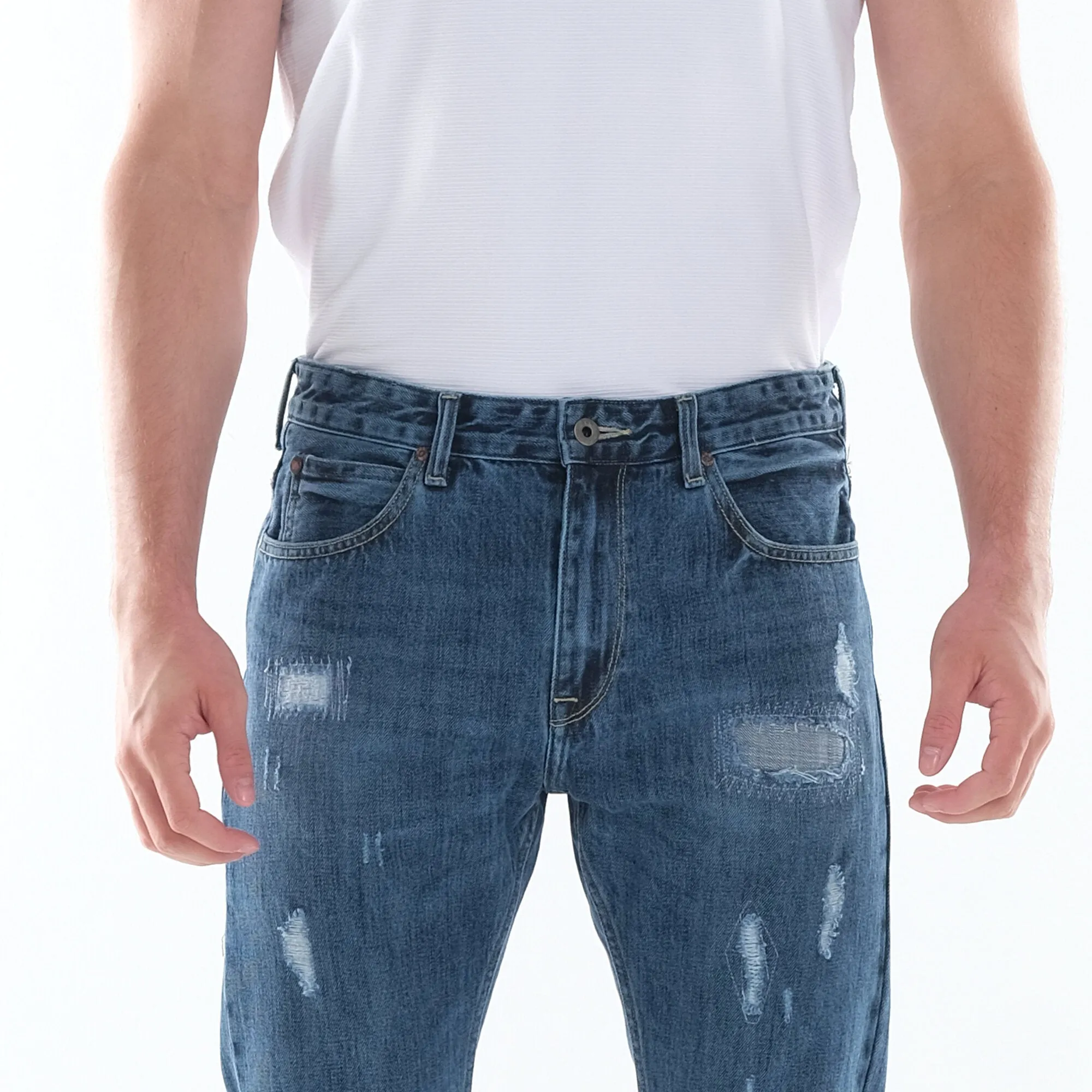 LEE MENS STRAIGHT SLIM DENIM PANTS IN BLUE DAMAGE
