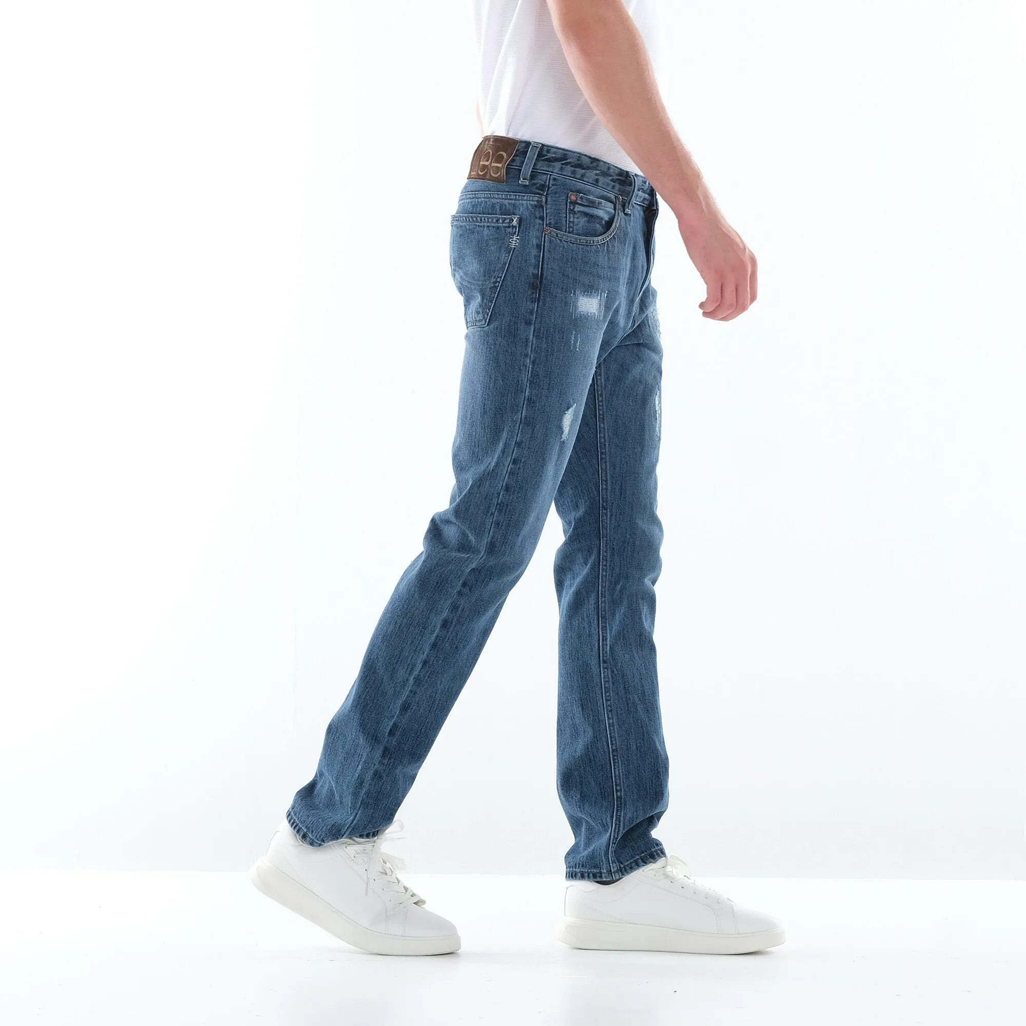LEE MENS STRAIGHT SLIM DENIM PANTS IN BLUE DAMAGE