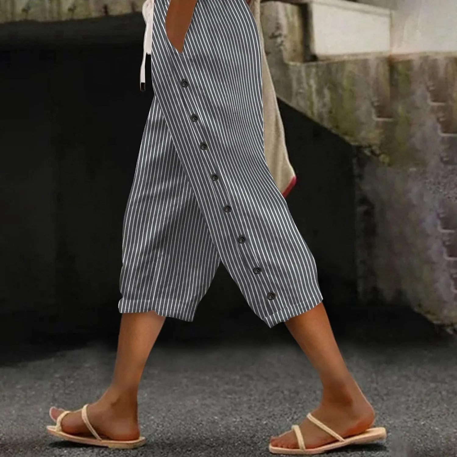Linen Pants Women Wide Leg Dressy Lounge High Waist Elastic Waist Drawstring Women's Cotton and Linen Cropped Trousers