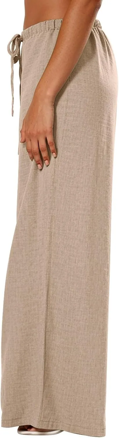 Linen Pants Women Wide Leg Vacation Palazzo Fashion Dressy Elastic Waist Cotton Linen Capris for Women