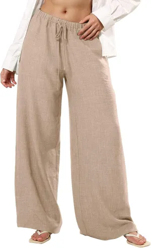 Linen Pants Women Wide Leg Vacation Palazzo Fashion Dressy Elastic Waist Cotton Linen Capris for Women